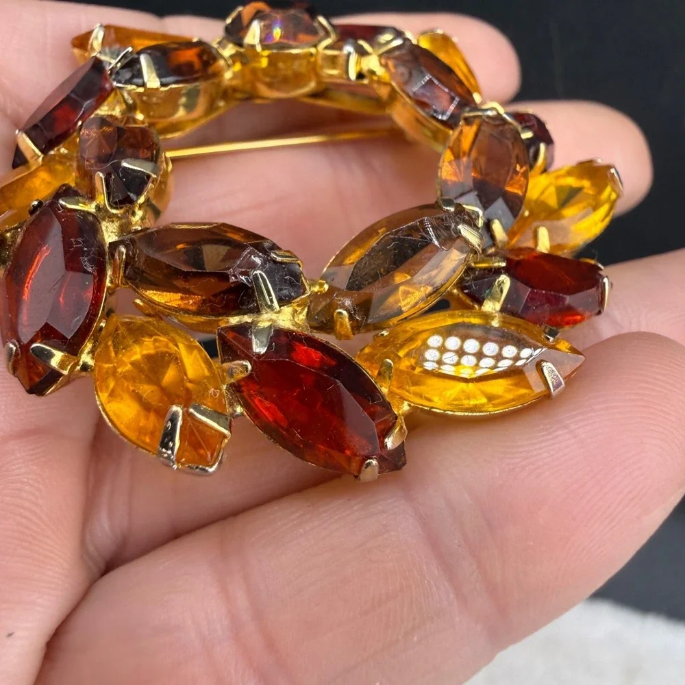 Vintage Rhinestone Brooch Gold Tone Fall Autumn Orange Red Well Made Open Back